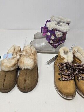 Cat & Jack Stride Girls Size 9 Shoe Lot Bundle Fuzzy Slippers Lace Up Boots Tan